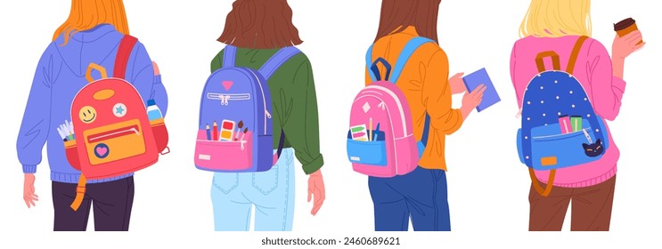 Teenagers with backpacks back view. Students wearing backpacks with school supplies, school bags with books, charms and patches flat vector illustration set. School kids backpacks back view