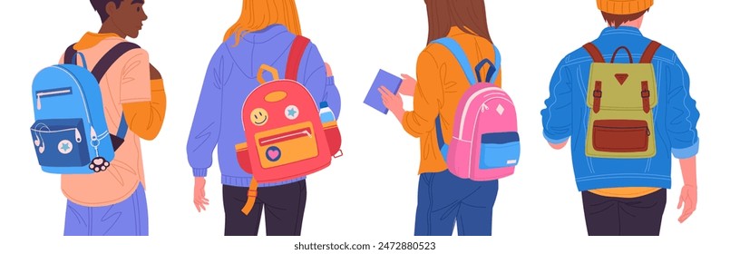 Teenagers with backpacks back view. Young people wearing backpacks, students with school bags flat vector illustration set. School kids backpacks back view