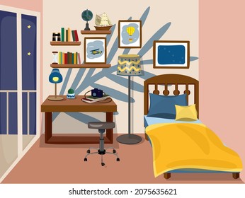 Teenager's Bedroom With Bed And Workplace. Adventurer's Room. Bookshelves, Floor Lamp, Ship Mockup, Camera, Globe And Cactus. Vector Illustration In Cartoon Style