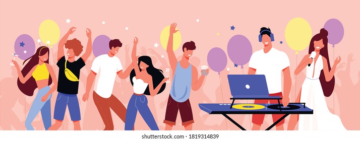 Teenagers birthday party flat horizontal composition with balloons playing vinyl records dancing singing hilarious celebration  vector illustration 