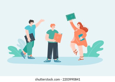 Teenagers with books flat vector illustration. Girl and boys reading books, devoting time to study. Education, knowledge, friendship concept for banner, website design or landing web page