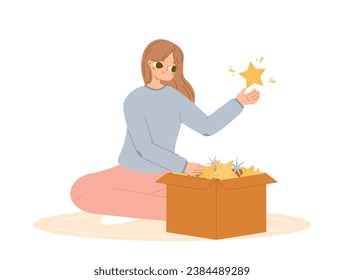 Teenagers and box of dreams metaphor. Young girl takes golden and silver stars from package. Goal and deam, future perspectives vector scene