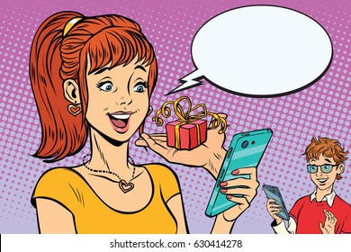 Teenagers boy and girl online present via smartphone. Love and relationship, couple man and woman. Pop art retro vector illustration