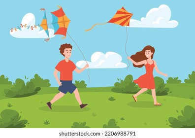 Teenagers boy and girl running with a kite on a summer day, flat vector illustration. Happy childhood and youth, summer activity and outdoor fun concept.