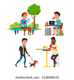 Teenagers Boys Drinking Fresh Beverage Set Vector. Teens Walking With Dog And Drinking Coffee, Sitting On Park Bench And Enjoying Water, Soda In Cafe And At Home. Characters Flat Cartoon Illustrations
