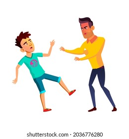 Teenagers Boys Fighting With Aggression Vector. Guys Teens Fight With Aggression Outdoor, Angry Muscular Student Bullying And Kicking Classmate. Characters Conflict Flat Cartoon Illustration