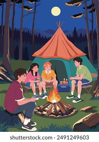 Teenagers camping at night with fire illustration vector
