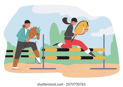 Teenagers cartoon characters sporting hobbyhorse jumping over barrier enjoying competition steeplechase race riding stick with horse head vector illustration. Teenage generation z hobbies trends