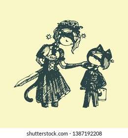 teenagers cartoons manga style. boy and girl in vintage costumes. hand-drawn graphic illustration