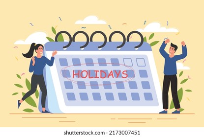 Teenagers celebrate holidays. Schoolchildren and students look at summer calendar. Season of rest from study. Characters rejoice in long weekend or vacation. Cartoon flat vector illustration