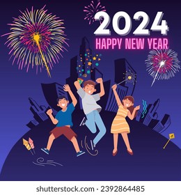 Teenagers celebrate New Year's Eve, fireworks decorate the city night sky. Background vector design happy new year 2024.