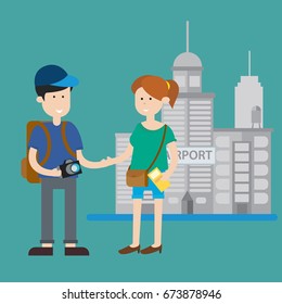 teenagers character traveling at summer holiday bring camera and ticket in the airport design cartoon vector illustration