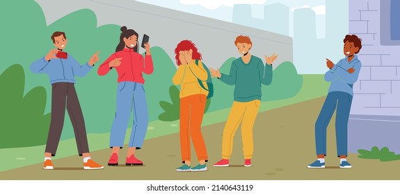 Teenagers Characters Bullying Classmate Girl at School Backyard, Calling with Nasty Names and Record Video. Teens Abuse on Schoolgirl, Children Conflict, Violence. Cartoon People Vector Illustration