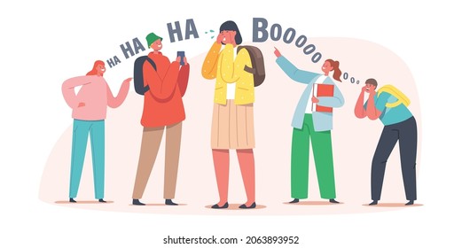 Teenagers Characters Bullying Girl, Aggression or Conflict, Stress. Schoolgirl Crying, Aggressive Classmates Pointing on her with Fingers. Violence and Sabotage. Cartoon People Vector Illustration