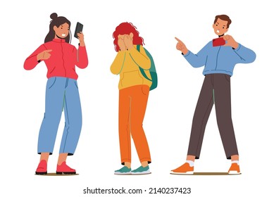 Teenagers Characters Bullying Girl, Laughing and Pointing on her, Record Video on Smartphone. Teens Abuse, Schoolgirl Suffer of Children Violence in School. Cartoon People Vector Illustration