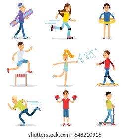 Teenagers children playing sports set. Children physical activity vector illustrations