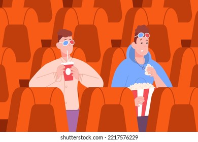Teenagers in cinema. Boys at movie theater watching film, eating popcorn or drinking soda, interested guy with seated scared friend inside hall movies session, vector illustration of film movie