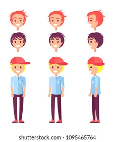 Teenagers collection, constructor with male heads haircut, smiling person wearing cap and trousers, jeans jacket, human vector illustration