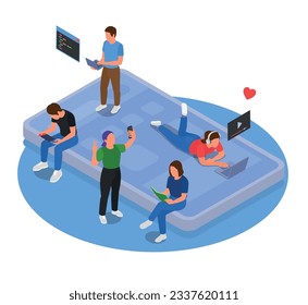 Teenagers composition with active social life symbols isometric vector illustration