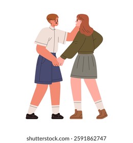 Teenagers couple in romantic relationship. First love concept. Young school teen friends, teenage girl and boy holding hands with affection. Flat vector illustration isolated on white background