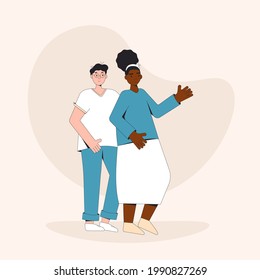 Teenagers couple standing together. Young female and male friends wearing in casual clothes. Boy and girl. Vector color line illustration. 