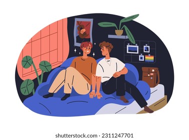 Teenagers couple. Young gay boyfriends on bed. Homosexual LGBT teens dating. First school love concept. Shy romantic adolescent guys. Flat graphic vector illustration isolated on white background