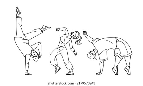 Teenagers In Dancing Class Exercising Dance Vector. Boy And Girl Teens Training Energy Break Dance Togetherness. Characters Hip Hop Practicing And Performing Black Line Illustration