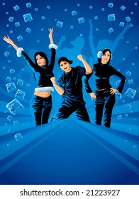 teenagers dancing on the winter party with blue icy background