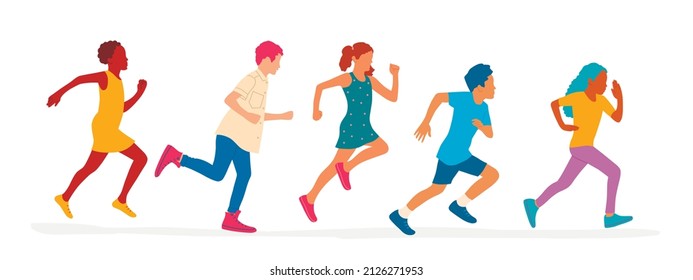 Teenagers different ethnicity are running. Color vector illustration.