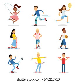 Teenagers doing different sport set. Children physical activity vector illustrations