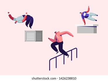 Teenagers Doing Extreme Tricks on Street, Parkour Sport in City. Young Men Jumping Over Walls and Barriers, Urban Sports, Active Lifestyle, Sport Activity, Training. Cartoon Flat Vector Illustration