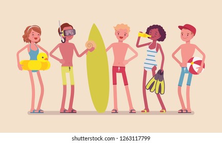 Teenagers enjoy sport and water activity on the beach. Group of active teens in swimwear to practice swimming, diving, water polo, or surfing, watersports club. Vector flat style cartoon illustration