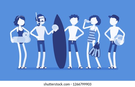 Teenagers enjoy sport and water activity on beach. Group of active teens in swimwear to practice swimming, diving, water polo, or surfing, watersports club. Vector illustration, faceless characters