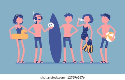 Teenagers enjoy sport and water activity on beach. Group of active teens in swimwear to practice swimming, diving, water polo, or surfing, watersports club. Vector illustration, faceless characters