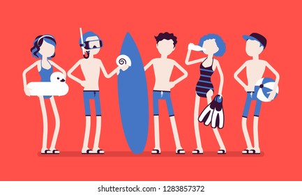 Teenagers enjoy sport and water activity on beach. Group of active teens in swimwear to practice swimming, diving, water polo, or surfing, watersports club. Vector illustration, faceless characters