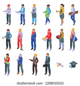 Teenagers First Job Icons Set Isometric Vector. School Girl. Business Team