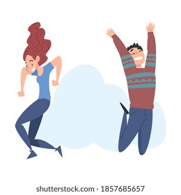 Teenagers Flying in the Sky, Happy Boy and Girl Dreaming, Striving for Success or Spiritual Growth Cartoon Style Vector Illustration