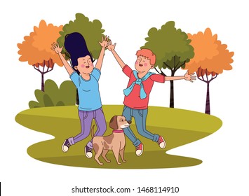 Teenagers friends boy and girl playing with dog in the nature park with trees, landscape scenery ,vector illustration graphic design.