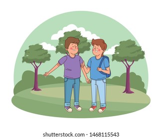 Teenagers friends boys students with backpack in the nature park with trees, landscape scenery ,vector illustration graphic design.