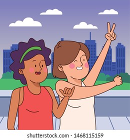 Teenagers friends girls smiling cartoon in the city park, urban cityscape scenery background ,vector illustration graphic design.