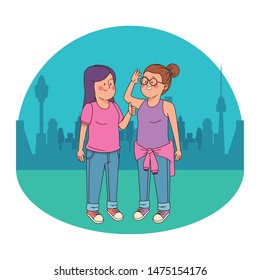 Teenagers friends girls smiling and greeting in the city park, urban cityscape scenery background ,vector illustration graphic design.