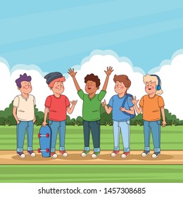 Teenagers friends having fun in park at sunny day cartoons vector illustration graphic design