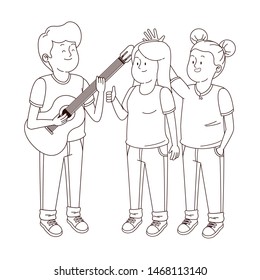 Teenagers friends playing guitar and singing ,vector illustration graphic design.