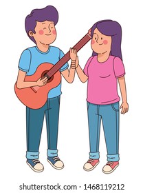 Teenagers friends playing guitar and singing cartoon isolated,vector illustration graphic design.