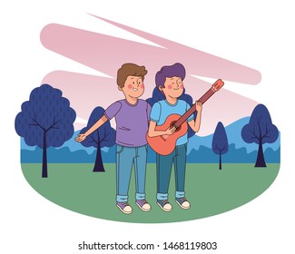 Teenagers friends playing guitar and singing cartoon in the park, outdoors scenery background vector illustration graphic design.