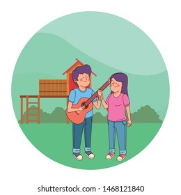 Teenagers friends playing guitar and singing cartoon in the park with playgrounds vector illustration graphic design.