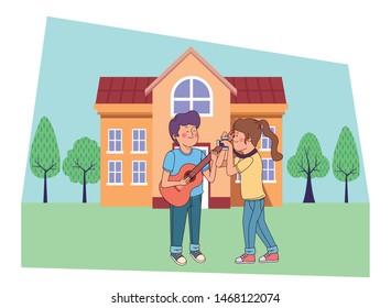 Teenagers friends playing guitar and taking photos with camera outside from school building vector illustration graphic design.