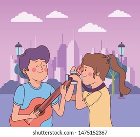 Teenagers friends playing guitar and taking photos with camera in the city park, nature and cityscape background ,vector illustration graphic design.