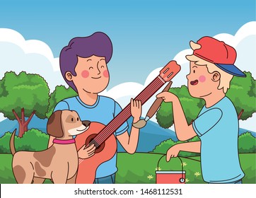 Teenagers friends playing guitar, walking the dog and painting with brush in the nature park with trees, landscape scenery ,vector illustration graphic design.