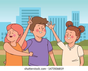 Teenagers friends smiling boy and girls in the city park, urban cityscape scenery background ,vector illustration graphic design.